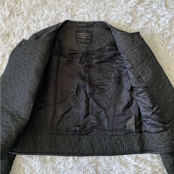 All Saints Black Wool Blend Quilted Moto Jacket with Leather Trim Size 8 - Picture 8 of 11